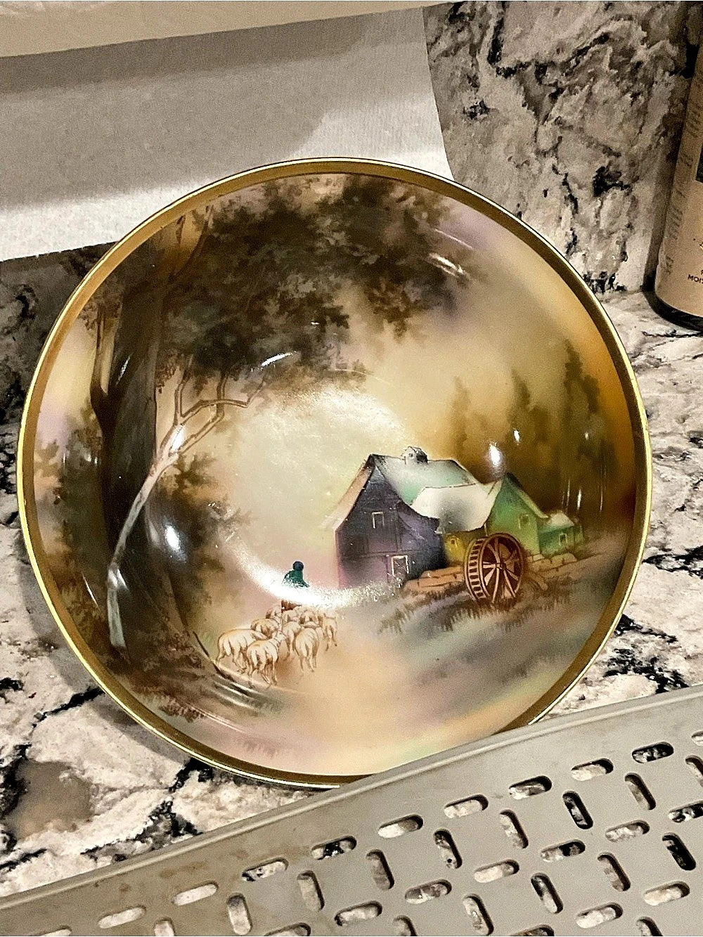 Shelf 1-Roseville Hand-Painted Scenic Serving Bowl in Brown & Gold